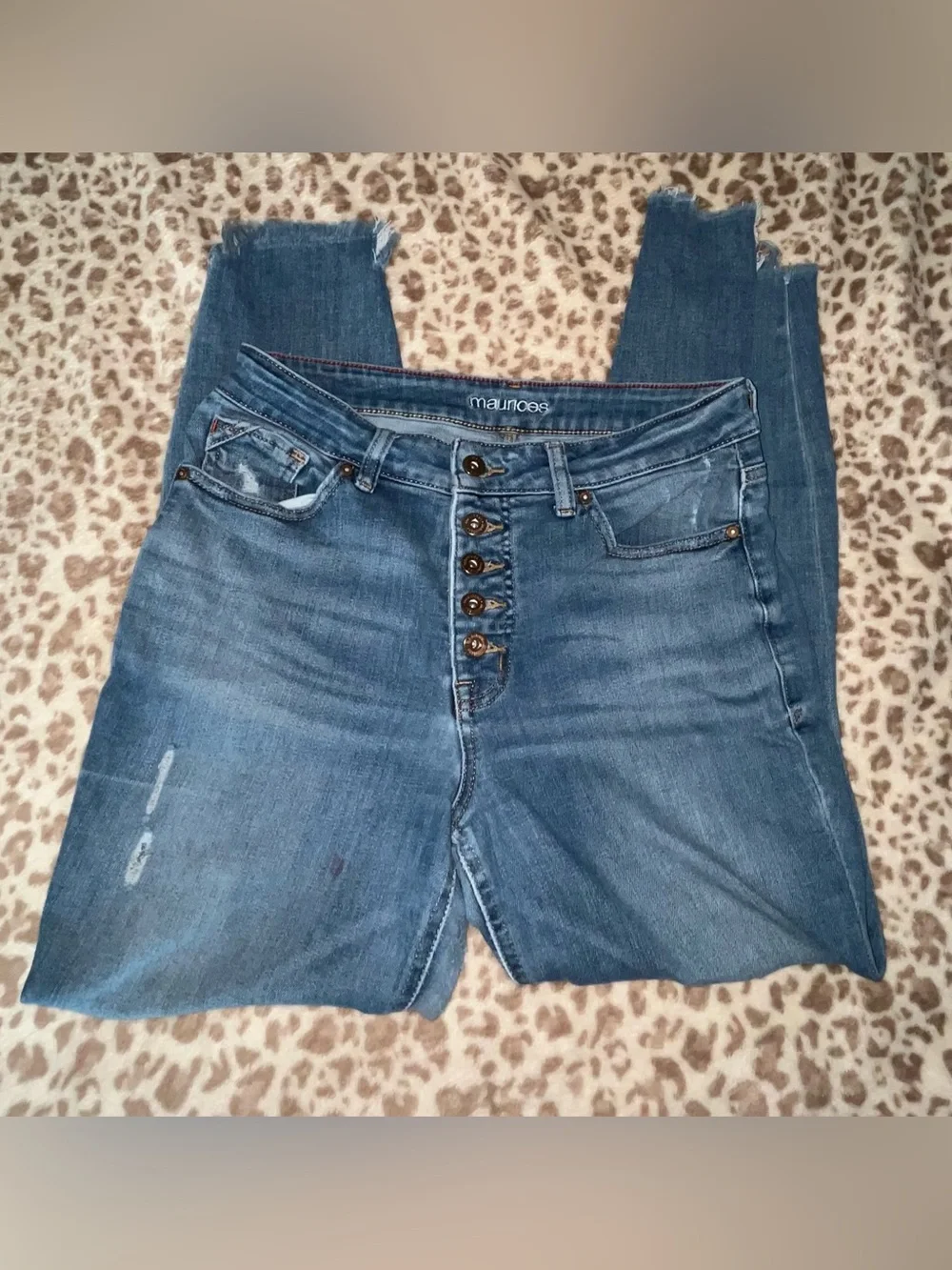 Maurices Distressed Mid-Blue High-Rise Skinny Jeans with Multi Button-Fly